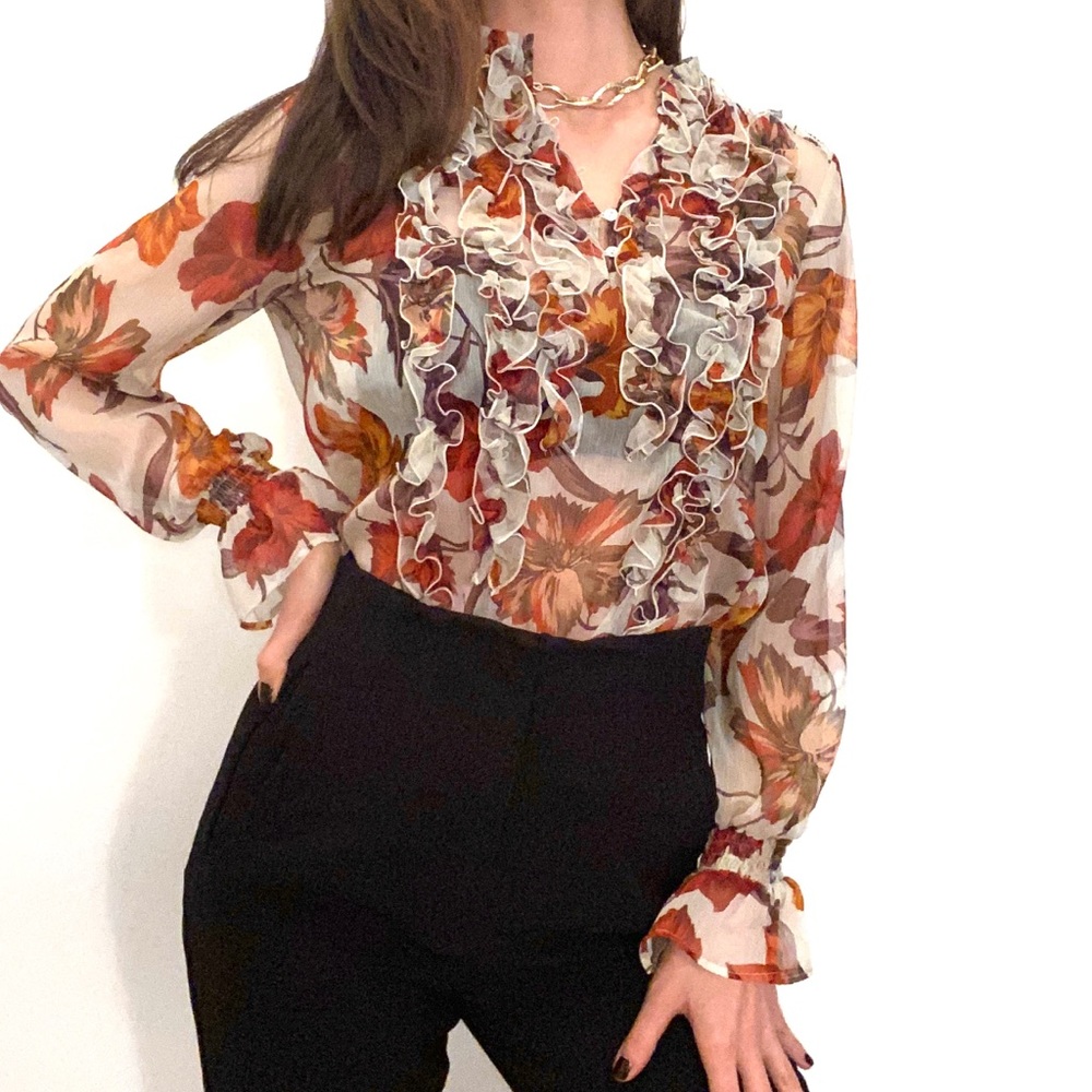 Sheer floral print top with shirring detail
